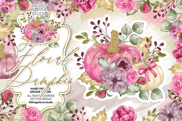 南瓜&花卉水彩剪贴画素材 Watercolor “Floral Pumpkin 2” clip arts