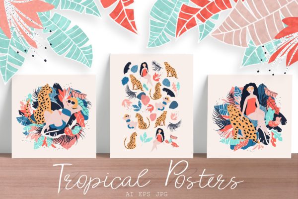 热带性感女郎手绘矢量插画设计素材 Tropical Girls vector posters