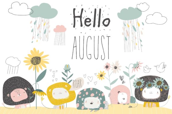 卡通可爱狮子/花卉/云朵矢量插画图片素材 Vector cute lions with flowers and clouds. Hello
