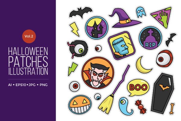 可爱风格万圣节贴纸图案矢量图形素材v2 Cute Happy Halloween Patches Vol.2