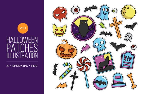 可爱风格万圣节贴纸图案矢量图形素材v1 Cute Happy Halloween Patches Vol.1