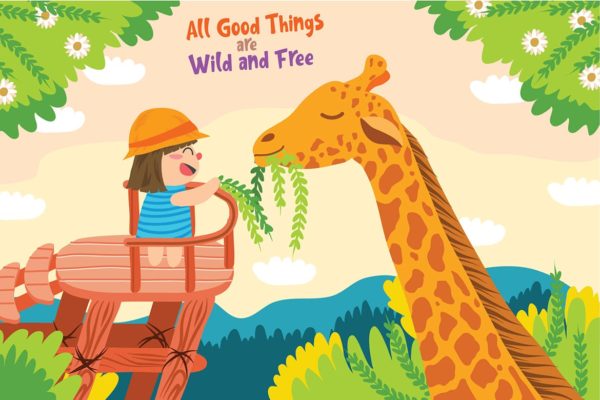 野生动物园场景矢量插画素材 Giraffe – Vector Illustration