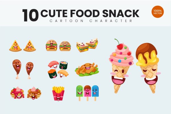 10个小吃美食可爱卡通形象矢量插画v1 10 Cute Food Snack Vector Illustration Vol.1缩略图 10个小吃美食可爱卡通形象矢量插画v1 10 Cute Food Snack Vector Illustration Vol.1