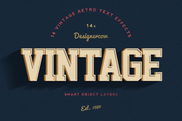 14个复古风格立体特效PS字体样式 14 Vintage Retro Text Effects
