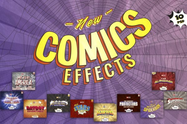 3D复古动漫卡通封面字体设计样式PSD图层样式 Comics Text Effects