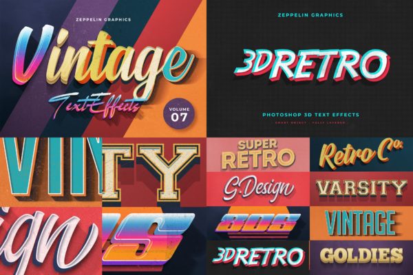 复古设计风格3D立体字体样式PSD分层模板v7 Vintage Text Effects Vol.7