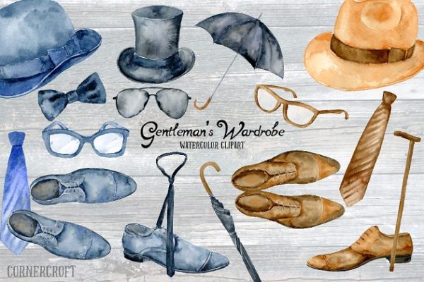 男士服饰水彩剪贴画素材 Watercolor Gentleman\\\\\\’s Wardrobe
