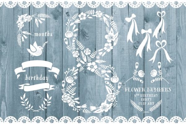 白色花朵叶子的数字8造型装饰素材 Floral number eight, card invite