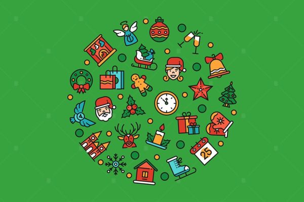 圣诞节符号图标组合圆形矢量设计素材 Christmas symbols – linear illustration
