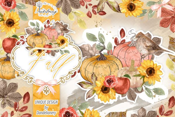 秋季南瓜水彩手绘剪贴画PNG素材 Fall Pumpkin design