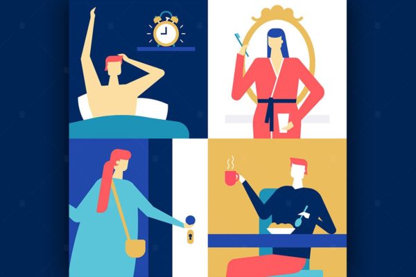 日常工作场景扁平设计风格矢量插画 Daily routine – flat design style illustration