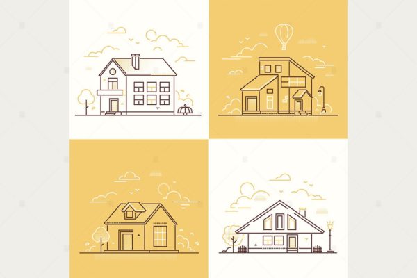城镇建筑线条设计风格插画素材 Town buildings – line design style illustrations缩略图 城镇建筑线条设计风格插画素材 Town buildings – line design style illustrations