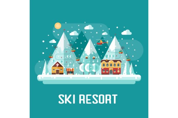 冬季滑雪场扁平设计风格场景插画 Winter Ski Resort Flat Landscape缩略图 冬季滑雪场扁平设计风格场景插画 Winter Ski Resort Flat Landscape