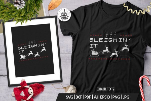 复古风格圣诞节主题T恤圣诞老人&麋鹿印花图案设计素材 Vintage Christmas Print Template, TShirt Design