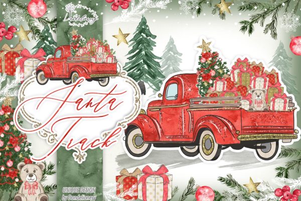 圣诞节礼品卡车矢量手绘设计素材 Christmas Car design
