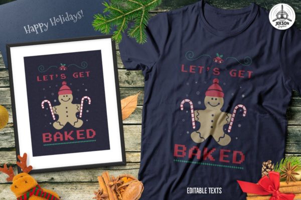 圣诞姜饼毛衣T恤印花手绘图案设计素材 Christmas Gingerbread Sweater T-Shirt. Xmas Party