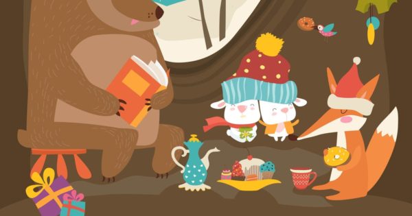 可爱动物庆祝圣诞节矢量手绘图案素材 Cute animals celebrating Christmas in den. Vector