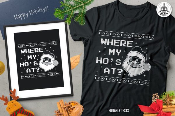圣诞老人毛衣T恤印花手绘图案设计素材 Christmas Santa Sweater T-Shirt Design. Xmas Party