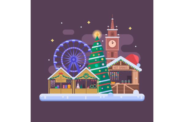 圣诞节主题游乐场/乐园场景矢量图形素材 Europe Christmas Fair Scene缩略图 圣诞节主题游乐场/乐园场景矢量图形素材 Europe Christmas Fair Scene