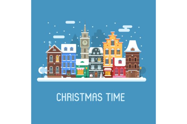 欧洲城镇圣诞节落雪街景矢量插画 Snowy Europe Christmas City Street