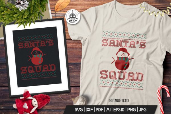 圣诞节主题T恤圣诞老人印花图案设计模板 Christmas Santa Squad Sweater T-Shirt. Xmas Design缩略图 圣诞节主题T恤圣诞老人印花图案设计模板 Christmas Santa Squad Sweater T-Shirt. Xmas Design