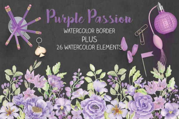 紫色水彩花卉边框&元素剪贴画PNG素材 Purple Watercolor Floral Border Plus Elements