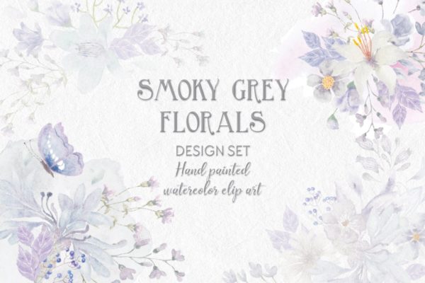 烟灰色水彩花卉手绘图案PNG素材 Smoky Grey Florals Watercolor Design Set缩略图 烟灰色水彩花卉手绘图案PNG素材 Smoky Grey Florals Watercolor Design Set