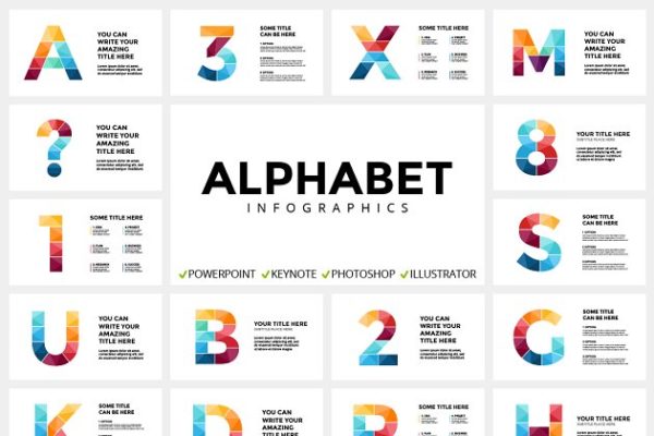 字母数字信息图表类型幻灯片设计模板精选[PPT, PPTX, KEY, PSD, EPS, AI] ALPHABET – Infographic Slides
