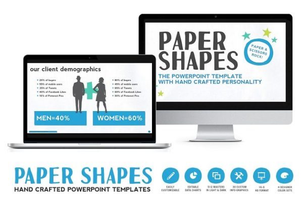 512页手工设计 PPT 幻灯片PPT演示模板（共8种配色方案） Paper Shapes Powerpoint Presentation