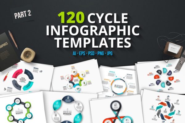 120款圆形信息图表幻灯片PPT演示模板素材（第二部分） 120 cycle infographics (part 2)