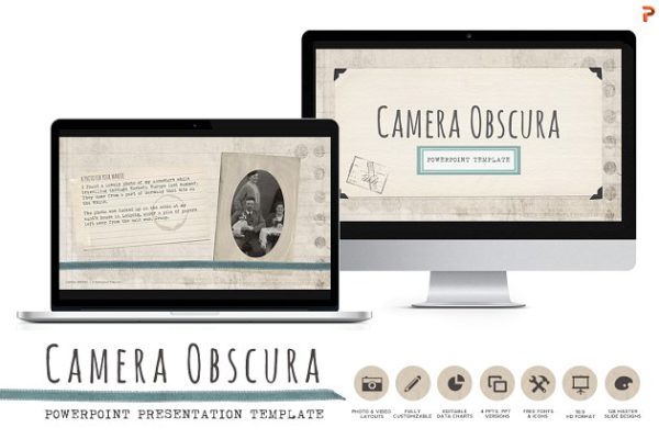 文学历史科学适用的复古风格高端PPT幻灯片演示模板 Camera Obscura Powerpoint Templates