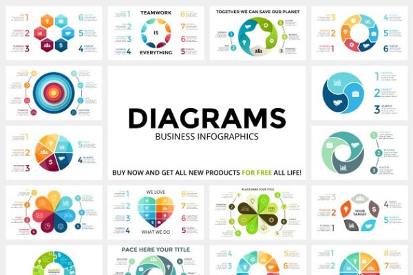 多样式信息图表类型幻灯片PPT演示模板合集 DIAGRAMS – Free Updates For Life