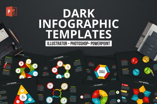 酷黑背景数据演示信息图表幻灯片PPT演示模板素材 Dark infographics templates