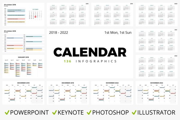 2018-2022年简约日历日程表模板 CALENDAR. 136 slides. 2018 – 2022.