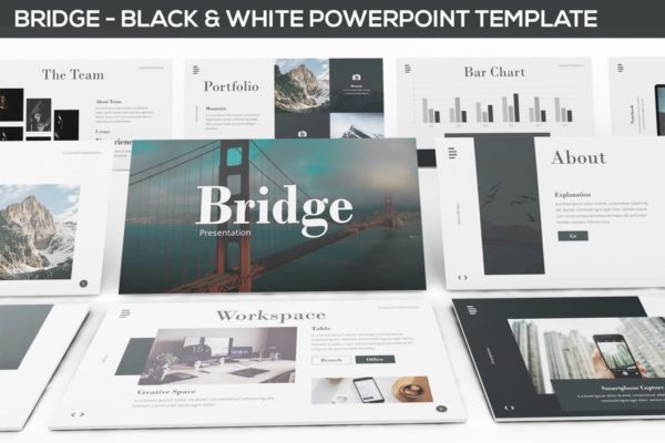 极简主义企业宣传PPT模板素材 Bridge – Black & White Powerpoint Presentation