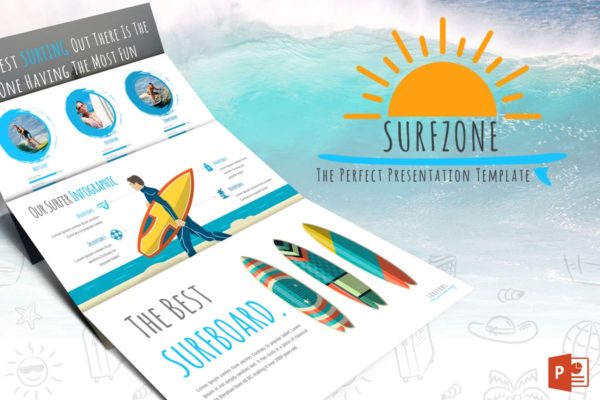 夏日冲浪运动主题PPT幻灯片素材 Surfzone – Powerpoint Template