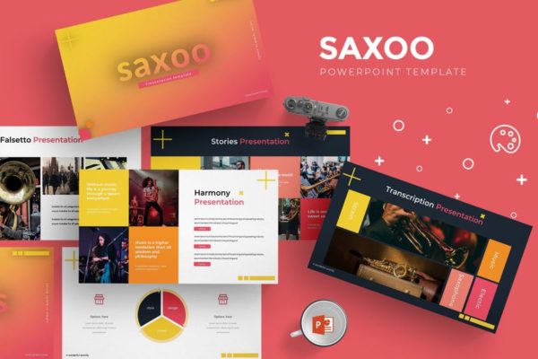 乐队音乐表演活动策划高端PPT幻灯片演示模板 Saxoo – Powerpoint Template