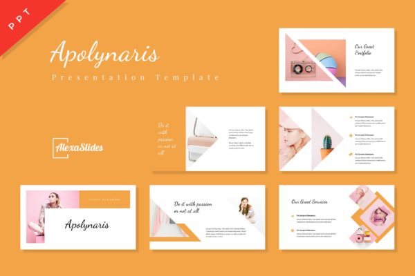 优雅清新风格化妆品/美容主题高端PPT幻灯片演示模板 Apolynaris – Powerpoint Presentation Template