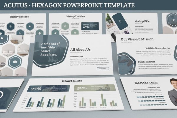 简约设计风格企业里程碑/企业宣传高端PPT演示模板下载 Acutus – Hexagon Powerpoint Template