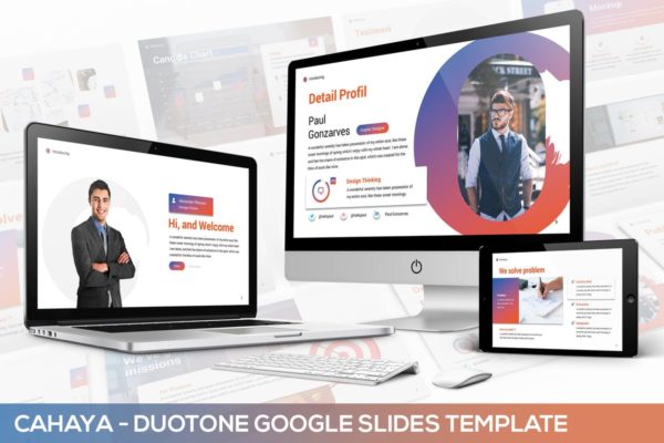 互联网创意项目推荐Google演示文稿高端模板精选 Cahaya –  Duotone Google Slides Template