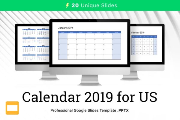 2019年新年年历Google演示文稿高端模板精选 Calendar 2019 US for Google Slides