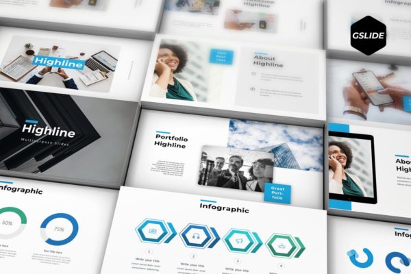 简约数据信息图表Google Slides企业演示文稿高端模板精选 Highline – Google Slides Template