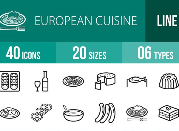 欧洲美食主题线框图标集合精选 European Cuisine Line Icons