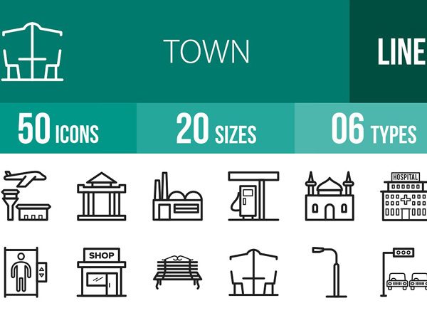 城镇基建设施主题线框图标 Town Line Icons