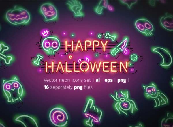 第一素材下午茶：特别的万圣节霓虹灯特效图标系列套装精选 happy halloween neon[Ai]