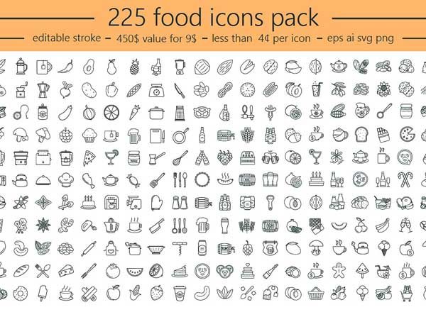 225+食物类线性矢量图标素材打包下载[eps,ai,svg,png]