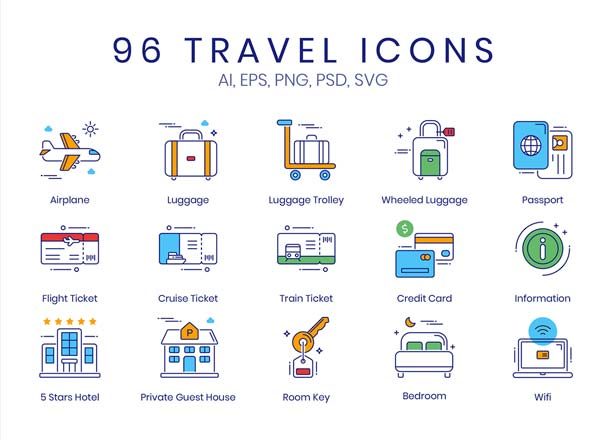 蚂蚁素材下午茶：96个彩色的极简主义扁平化旅行主题系列图标精选系列套装精选[Ai]