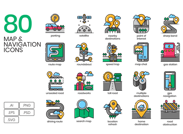蚂蚁素材下午茶：有趣且绘制精良的地图导航相关功能图标系列套装精选[Ai]