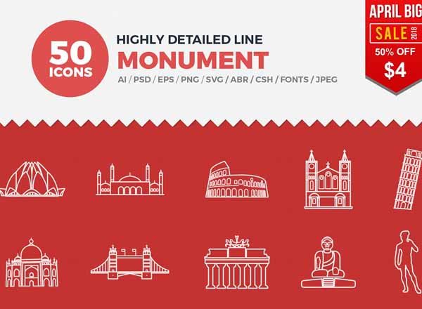 50款世界知名建筑矢量图标设计素材打包下载[PNG, SVG,AI,CSS ,PDF ]