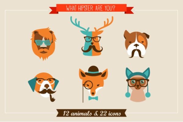 怪诞动物图标集合精选 Hipster Animals & 22 icons